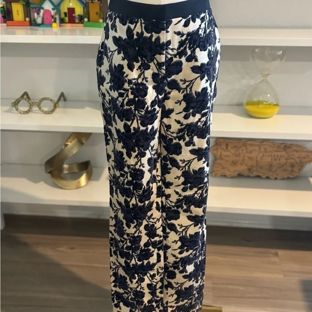 Tory Burch Floral Velvet Burnout Trousers Navy Cream Devore Slim Leg Pants